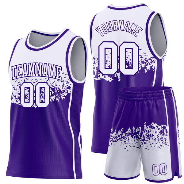 Custom White-Purple Shattered Geometric Side Panel Stripe Round Neck Sublimation Basketball Set Jersey