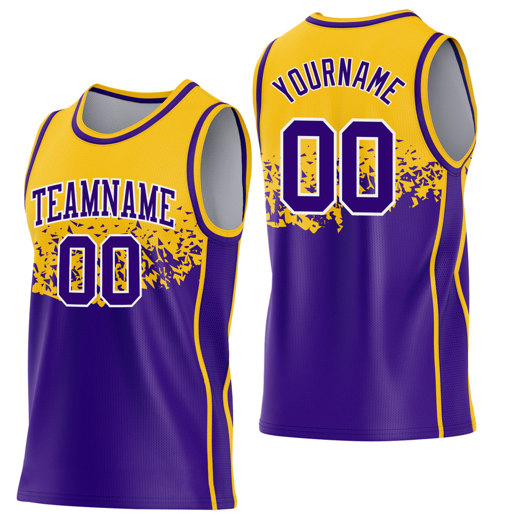 Custom Gold Purple-White Shattered Geometric Side Panel Stripe Round Neck Sublimation Basketball Set Jersey