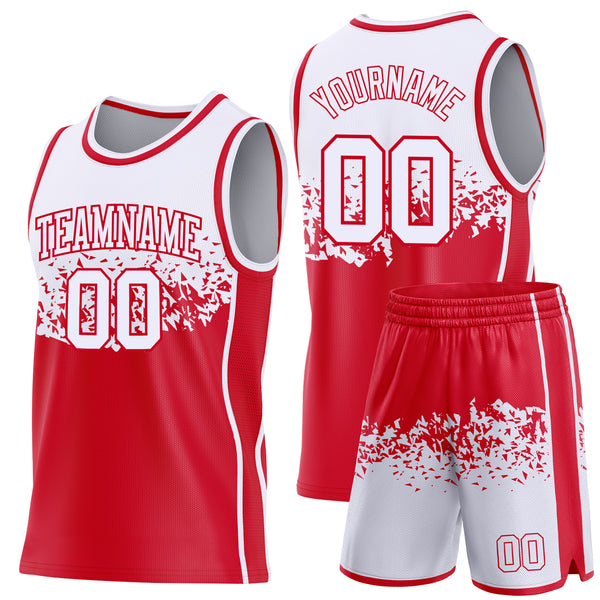 Custom White-Red Shattered Geometric Side Panel Stripe Round Neck Sublimation Basketball Set Jersey