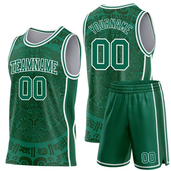 Custom Kelly Green-White Tribal Ethnic Aztec Sun Stone Side Panel Stripe Round Neck Sublimation Basketball Set Jersey