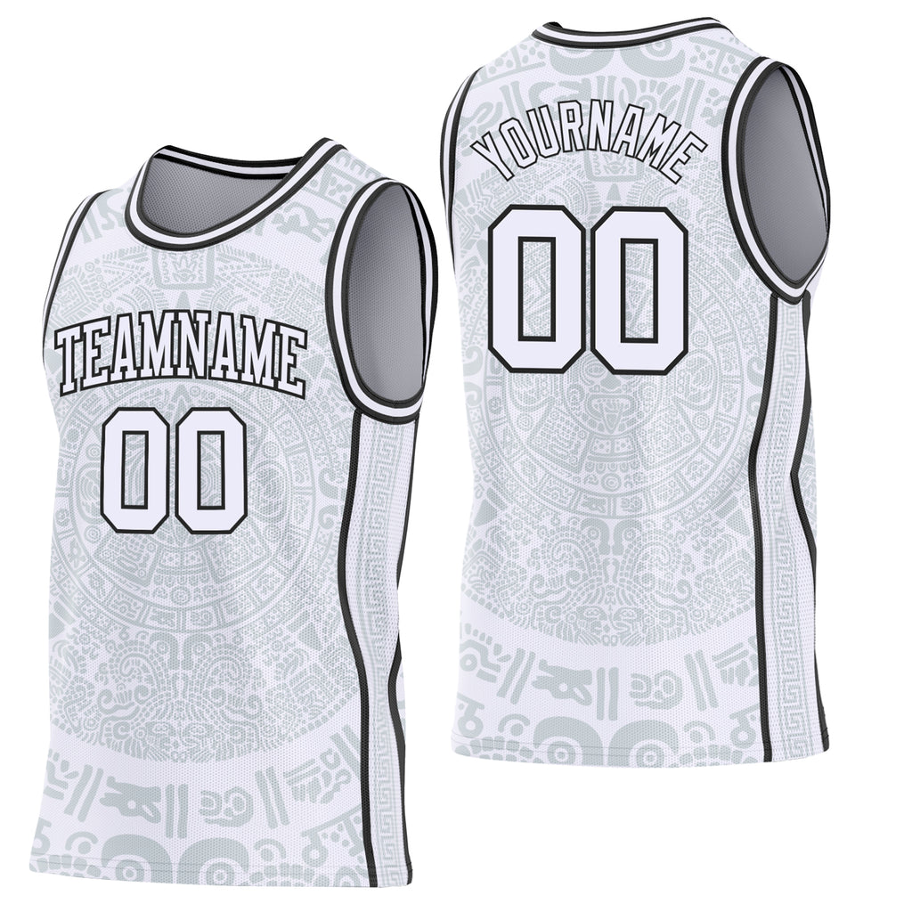 Custom White-Black Tribal Ethnic Aztec Sun Stone Side Panel Stripe Round Neck Sublimation Basketball Set Jersey