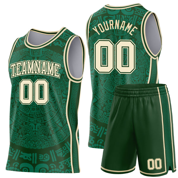 Custom Green-Cream Tribal Ethnic Aztec Sun Stone Side Panel Stripe Round Neck Sublimation Basketball Set Jersey