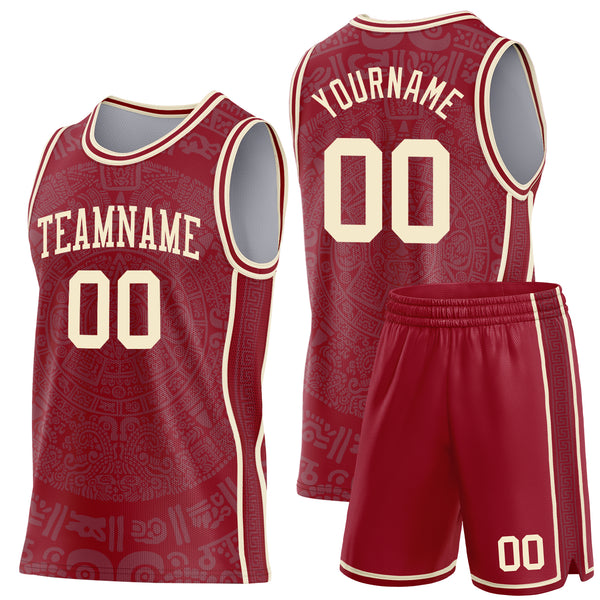 Custom Maroon-Cream Tribal Ethnic Aztec Sun Stone Side Panel Stripe Round Neck Sublimation Basketball Set Jersey