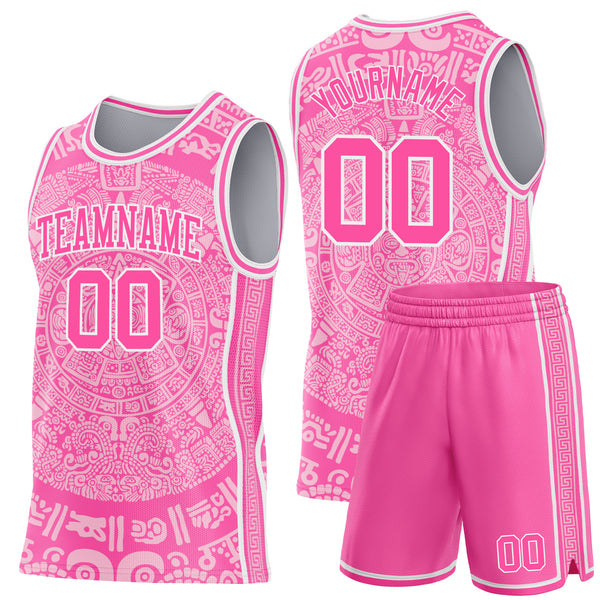 Custom Pink-White Tribal Ethnic Aztec Sun Stone Side Panel Stripe Round Neck Sublimation Basketball Set Jersey