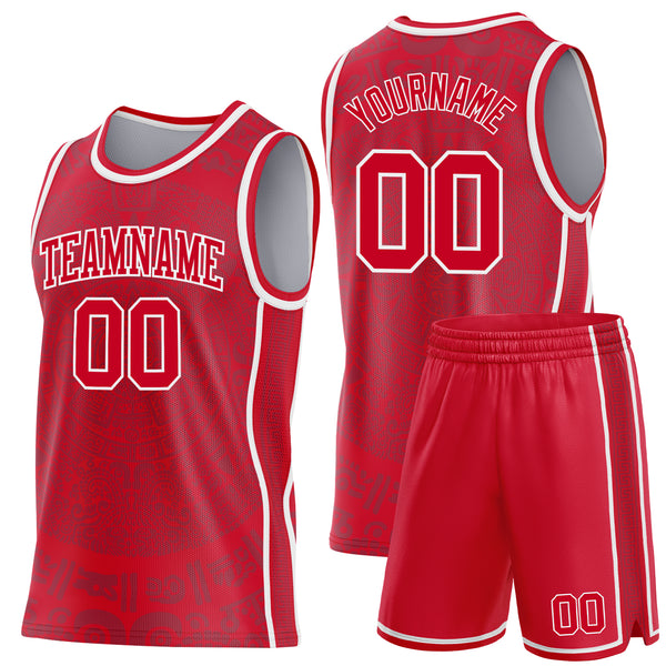 Custom Red-White Tribal Ethnic Aztec Sun Stone Side Panel Stripe Round Neck Sublimation Basketball Set Jersey