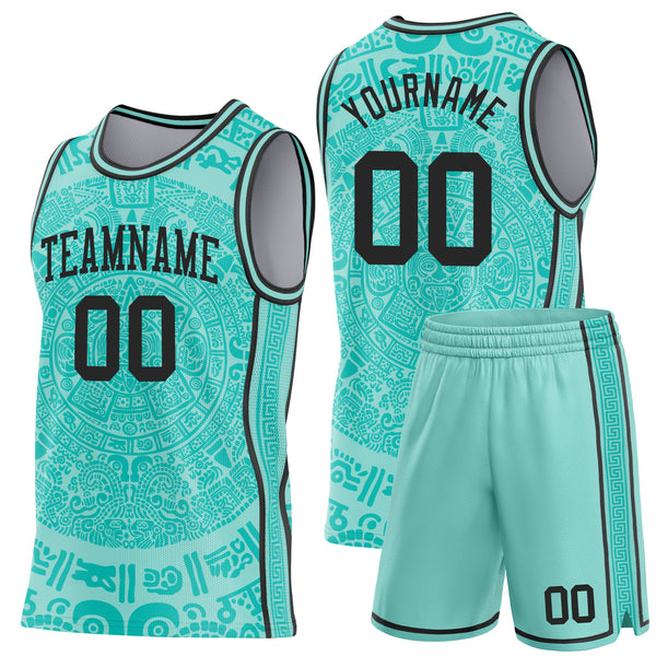 Custom Ice Blue-Black Tribal Ethnic Aztec Sun Stone Side Panel Stripe Round Neck Sublimation Basketball Set Jersey