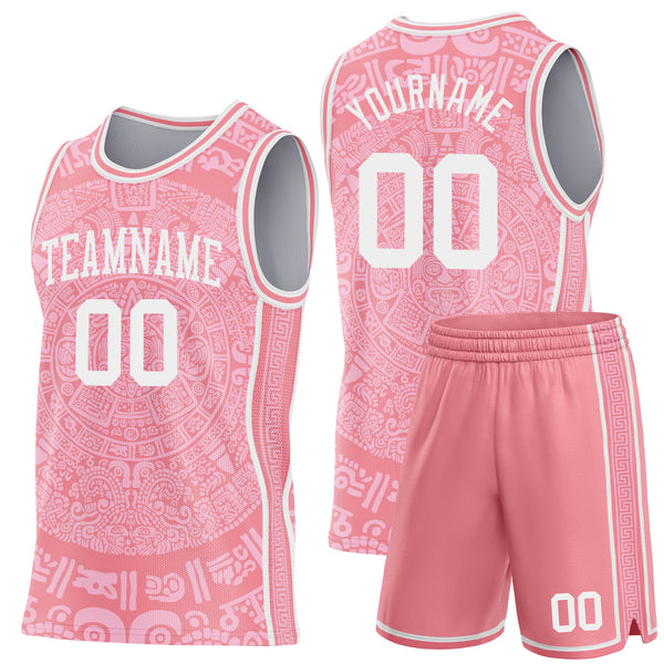 Custom Medium Pink-White Tribal Ethnic Aztec Sun Stone Side Panel Stripe Round Neck Sublimation Basketball Set Jersey