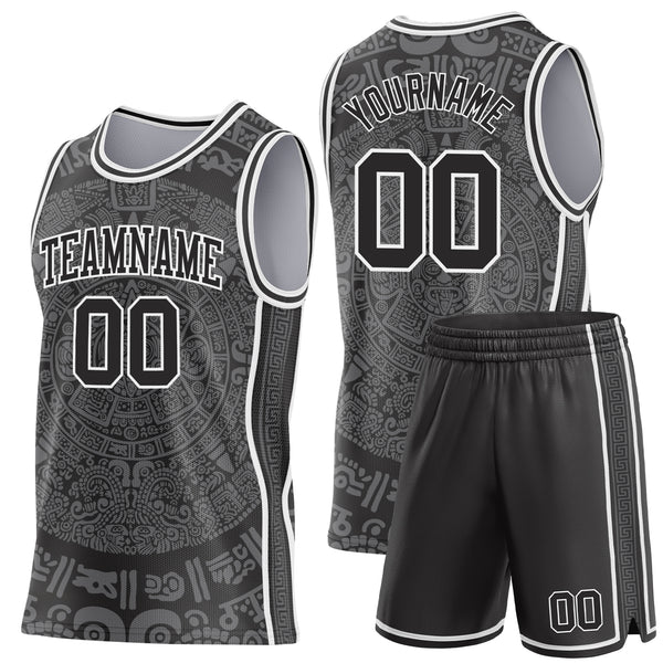 Custom Black-White Tribal Ethnic Aztec Sun Stone Side Panel Stripe Round Neck Sublimation Basketball Set Jersey
