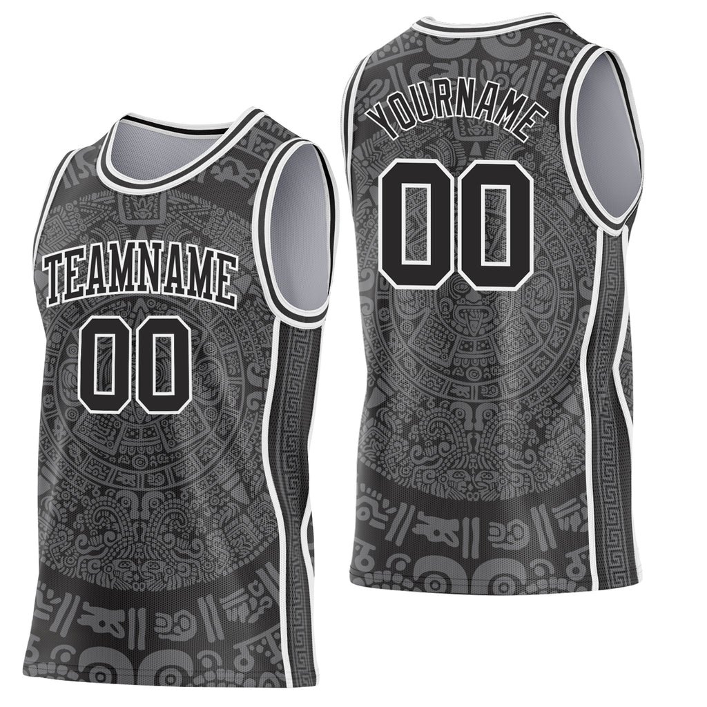 Custom Black-White Tribal Ethnic Aztec Sun Stone Side Panel Stripe Round Neck Sublimation Basketball Set Jersey