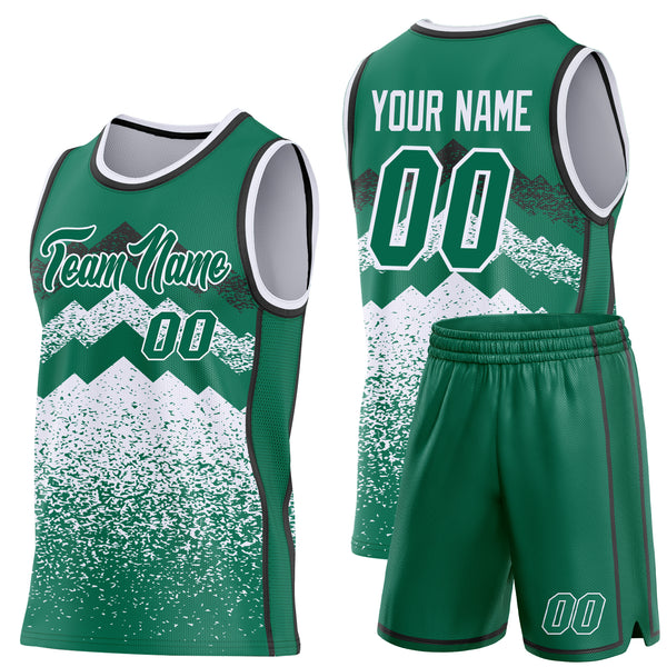 Custom Kelly Green White-Black Mountain Peak Shards Side Panel Stripe Round Neck Sublimation Basketball Set Jersey