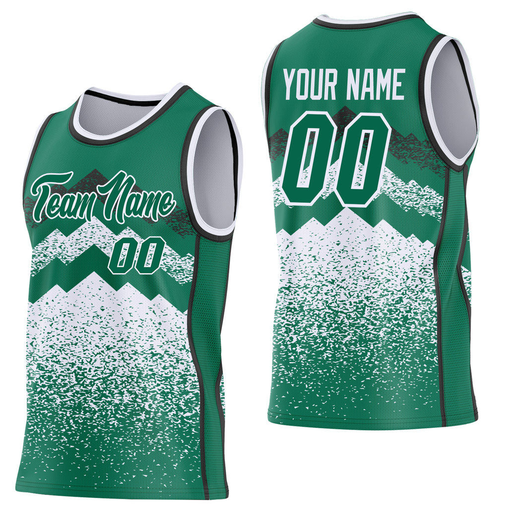 Custom Kelly Green White-Black Mountain Peak Shards Side Panel Stripe Round Neck Sublimation Basketball Set Jersey