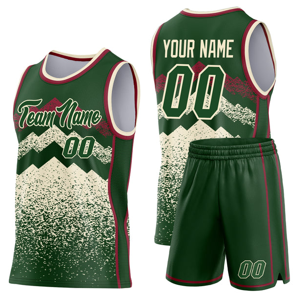 Custom Green Cream-Crimson Mountain Peak Shards Side Panel Stripe Round Neck Sublimation Basketball Set Jersey
