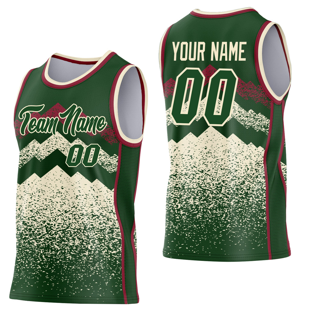 Custom Green Cream-Crimson Mountain Peak Shards Side Panel Stripe Round Neck Sublimation Basketball Set Jersey