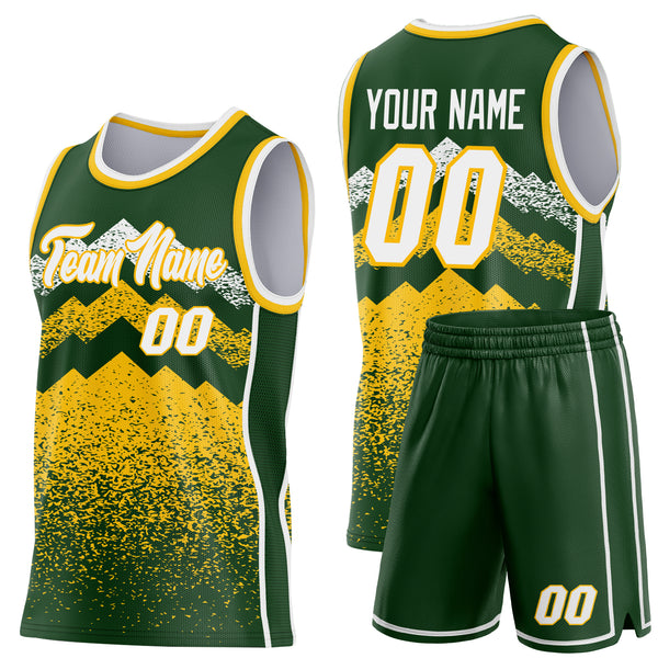 Custom Green White-Gold Mountain Peak Shards Side Panel Stripe Round Neck Sublimation Basketball Set Jersey