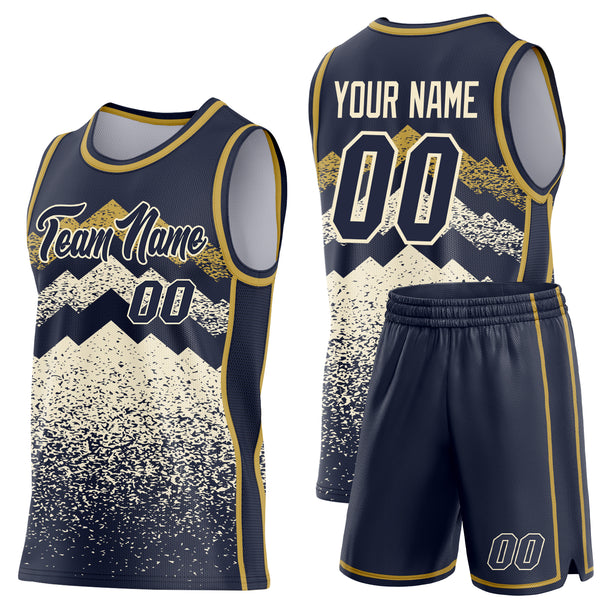 Custom Navy Cream-Old Gold Mountain Peak Shards Side Panel Stripe Round Neck Sublimation Basketball Set Jersey