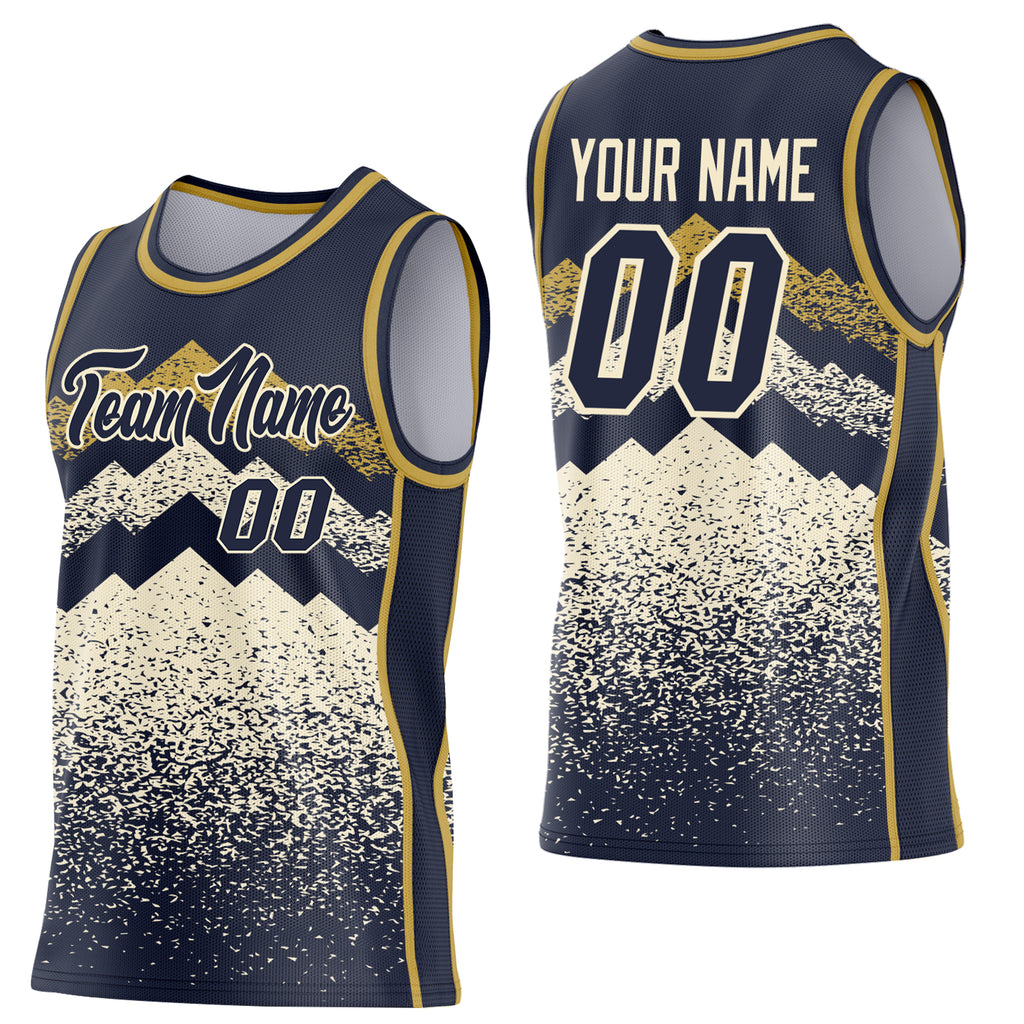 Custom Navy Cream-Old Gold Mountain Peak Shards Side Panel Stripe Round Neck Sublimation Basketball Set Jersey