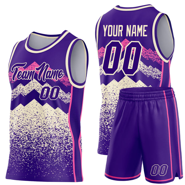 Custom Purple Cream-Pink Mountain Peak Shards Side Panel Stripe Round Neck Sublimation Basketball Set Jersey