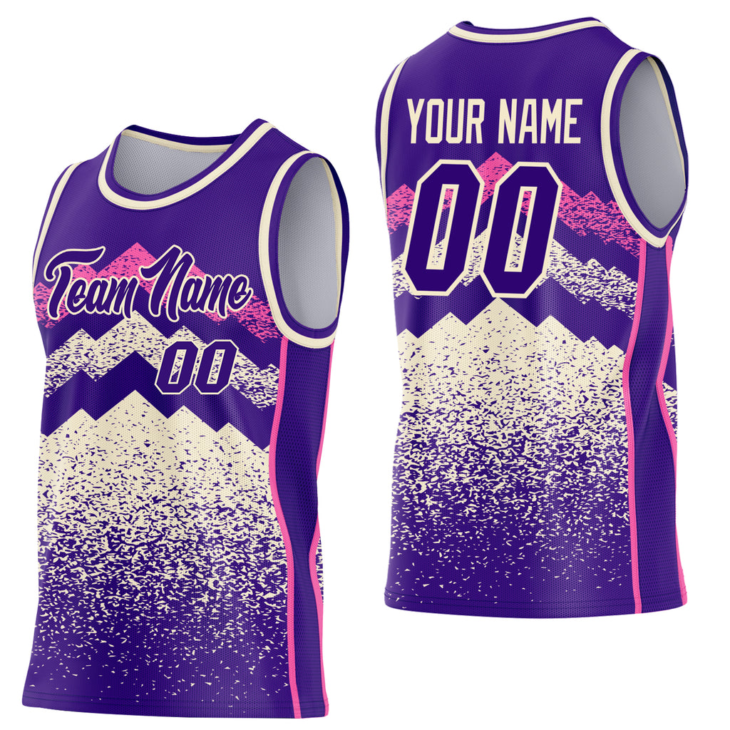 Custom Purple Cream-Pink Mountain Peak Shards Side Panel Stripe Round Neck Sublimation Basketball Set Jersey