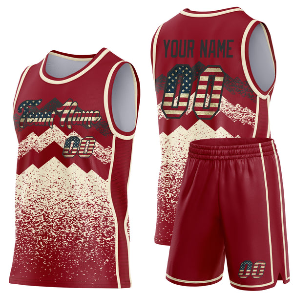 Custom Maroon Vintage USA Flag Cream-Black Mountain Peak Shards Side Panel Stripe Round Neck Sublimation Basketball Set Jersey