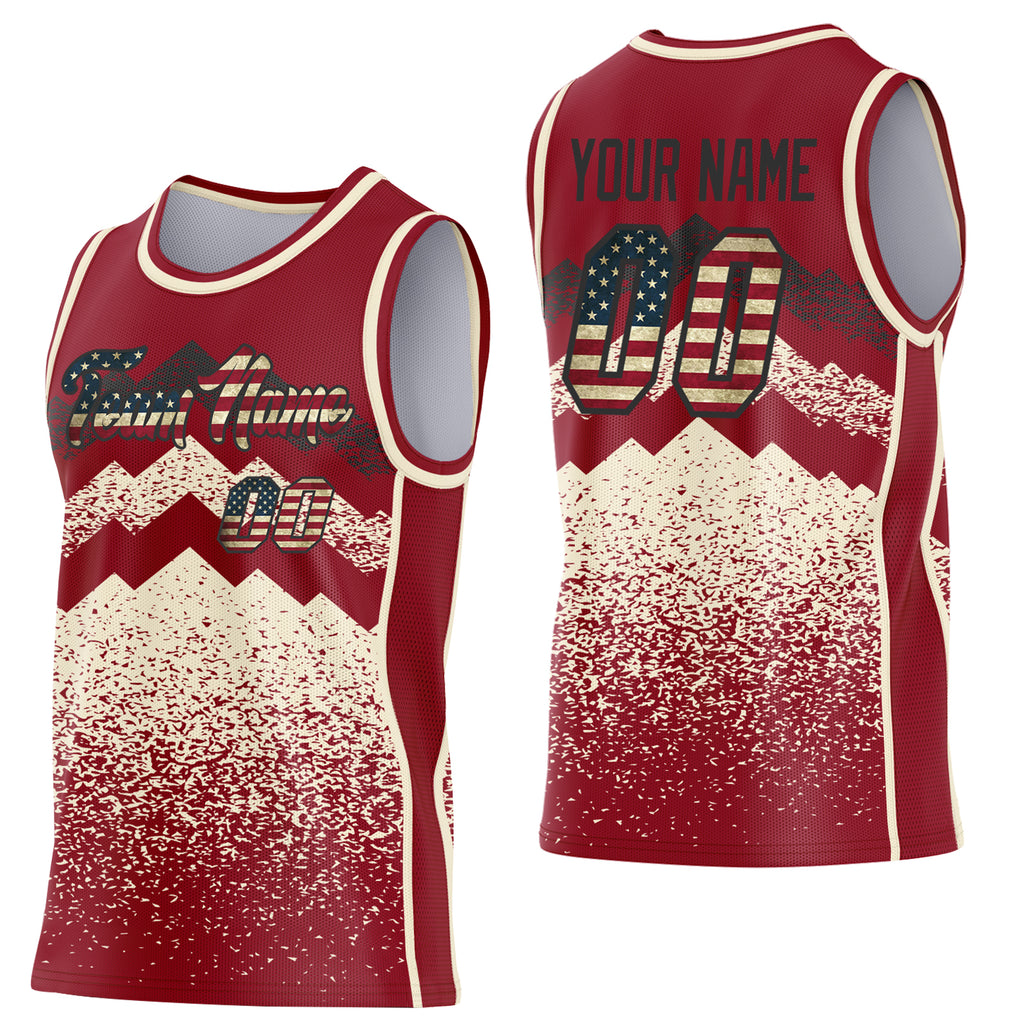 Custom Maroon Vintage USA Flag Cream-Black Mountain Peak Shards Side Panel Stripe Round Neck Sublimation Basketball Set Jersey