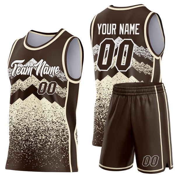Custom Brown Cream-White Mountain Peak Shards Side Panel Stripe Round Neck Sublimation Basketball Set Jersey