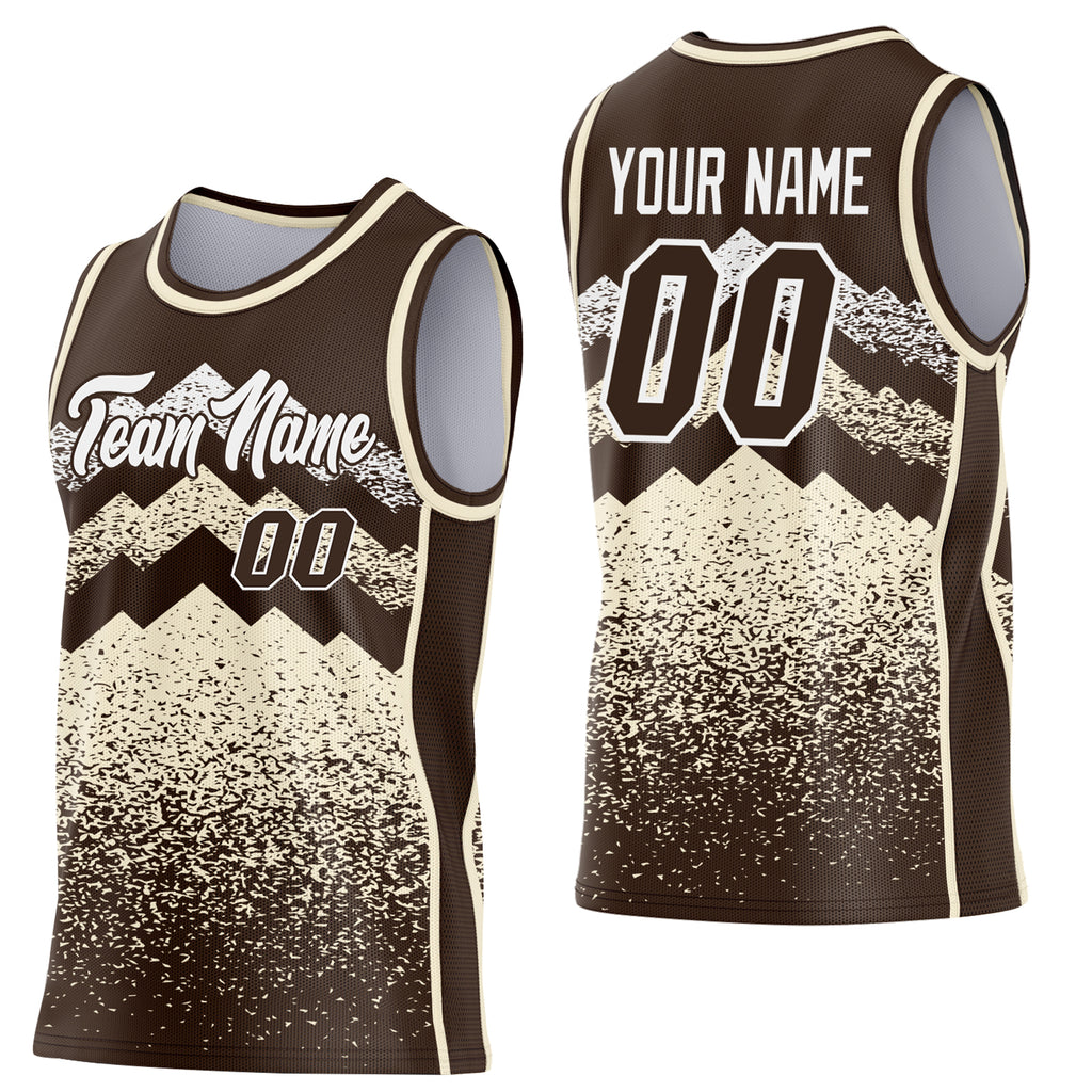 Custom Brown Cream-White Mountain Peak Shards Side Panel Stripe Round Neck Sublimation Basketball Set Jersey
