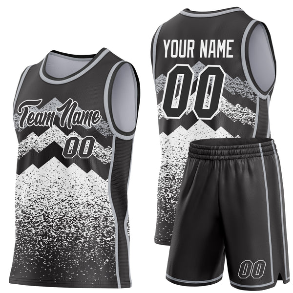 Custom Black White-Gray Mountain Peak Shards Side Panel Stripe Round Neck Sublimation Basketball Set Jersey