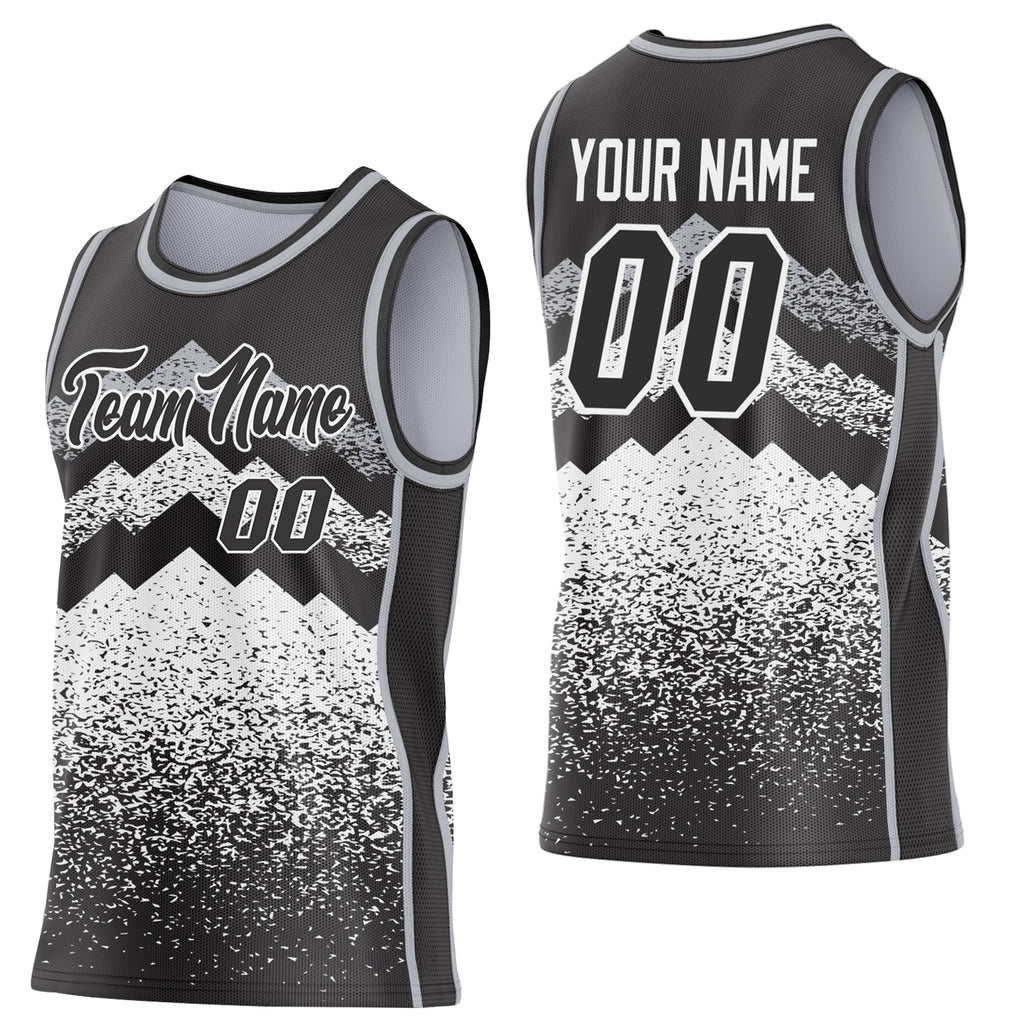 Custom Black White-Gray Mountain Peak Shards Side Panel Stripe Round Neck Sublimation Basketball Set Jersey