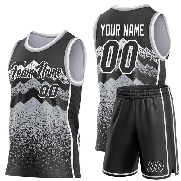 Custom Black Gray-White Mountain Peak Shards Side Panel Stripe Round Neck Sublimation Basketball Set Jersey