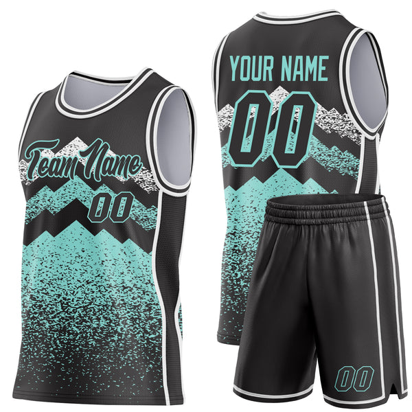 Custom Black Ice Blue-White Mountain Peak Shards Side Panel Stripe Round Neck Sublimation Basketball Set Jersey