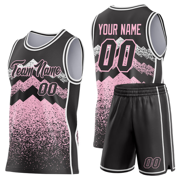 Custom Black Light Pink-White Mountain Peak Shards Side Panel Stripe Round Neck Sublimation Basketball Set Jersey
