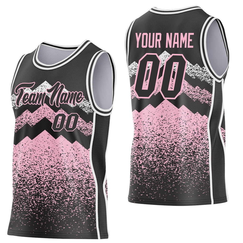 Custom Black Light Pink-White Mountain Peak Shards Side Panel Stripe Round Neck Sublimation Basketball Set Jersey
