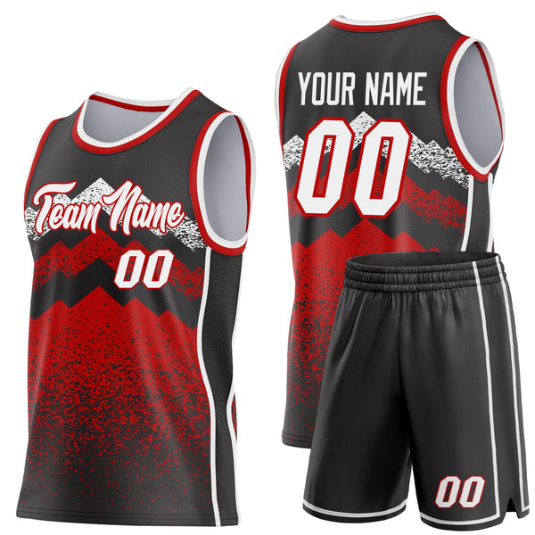 Custom Black White-Red Mountain Peak Shards Side Panel Stripe Round Neck Sublimation Basketball Set Jersey