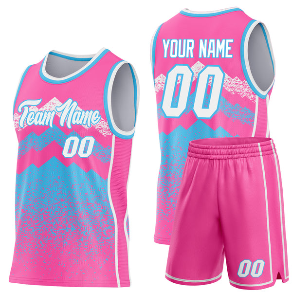 Custom Pink White-Sky Blue Mountain Peak Shards Side Panel Stripe Round Neck Sublimation Basketball Set Jersey
