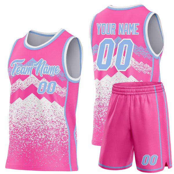 Custom Pink Light Blue-White Mountain Peak Shards Side Panel Stripe Round Neck Sublimation Basketball Set Jersey