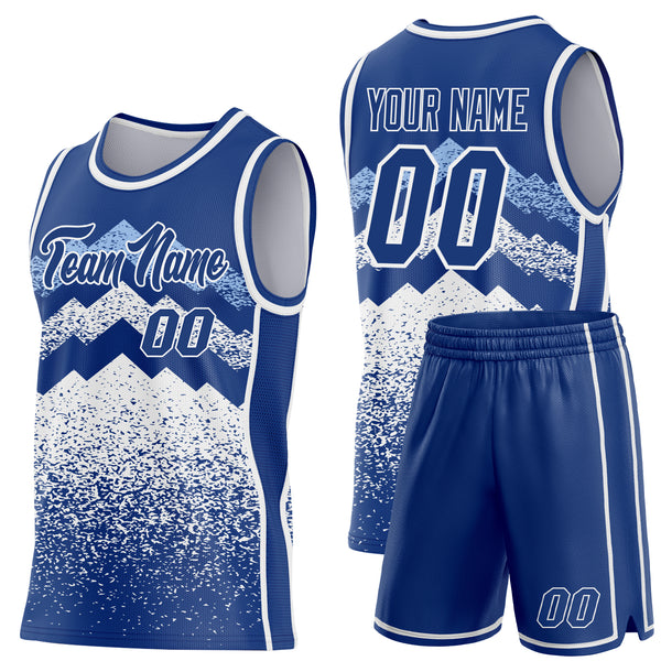Custom Royal White-Light Blue Mountain Peak Shards Side Panel Stripe Round Neck Sublimation Basketball Set Jersey