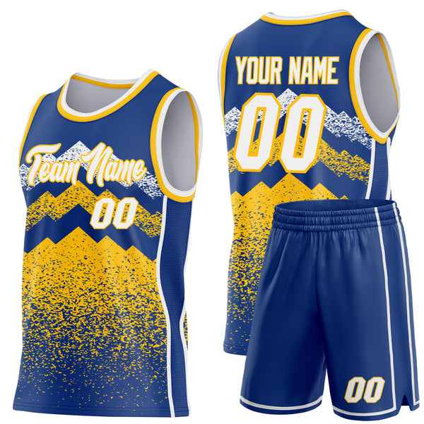 Custom Royal White-Gold Mountain Peak Shards Side Panel Stripe Round Neck Sublimation Basketball Set Jersey