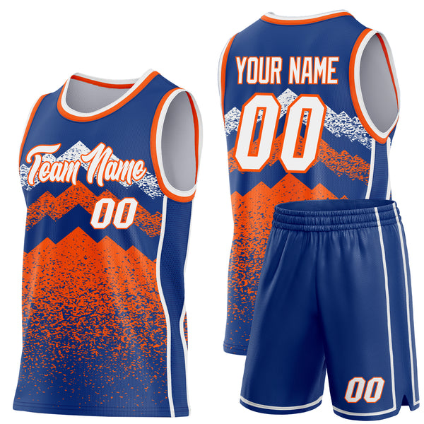 Custom Royal White-Orange Mountain Peak Shards Side Panel Stripe Round Neck Sublimation Basketball Set Jersey