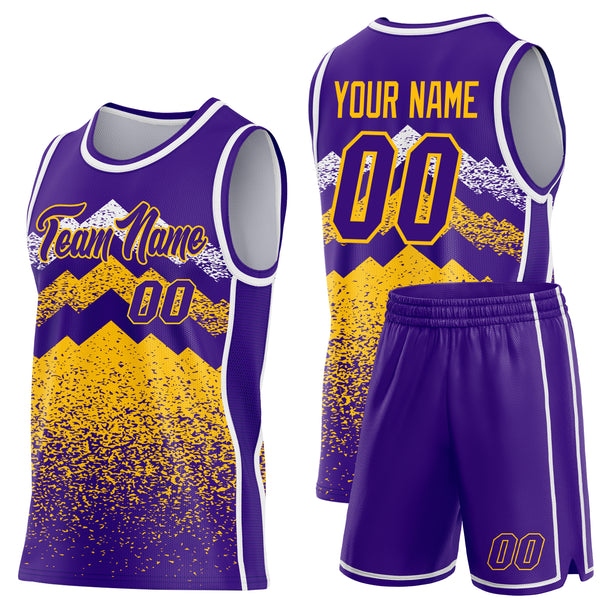 Custom Purple Gold-White Mountain Peak Shards Side Panel Stripe Round Neck Sublimation Basketball Set Jersey
