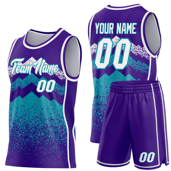 Custom Purple White-Teal Mountain Peak Shards Side Panel Stripe Round Neck Sublimation Basketball Set Jersey
