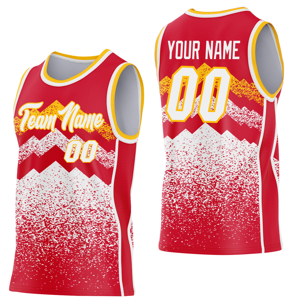 Custom Red White-Gold Mountain Peak Shards Side Panel Stripe Round Neck Sublimation Basketball Set Jersey