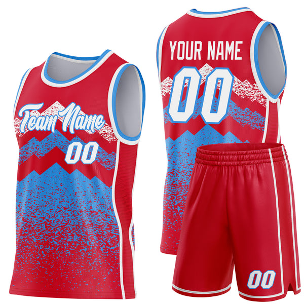 Custom Red White-Powder Blue Mountain Peak Shards Side Panel Stripe Round Neck Sublimation Basketball Set Jersey