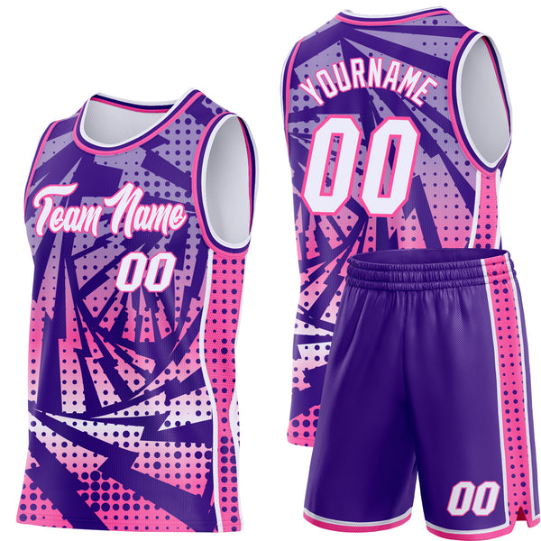 Custom Purple White-Pink Lightning Gradient Dot Side Panel Stripe Round Neck Sublimation Basketball Set Jersey