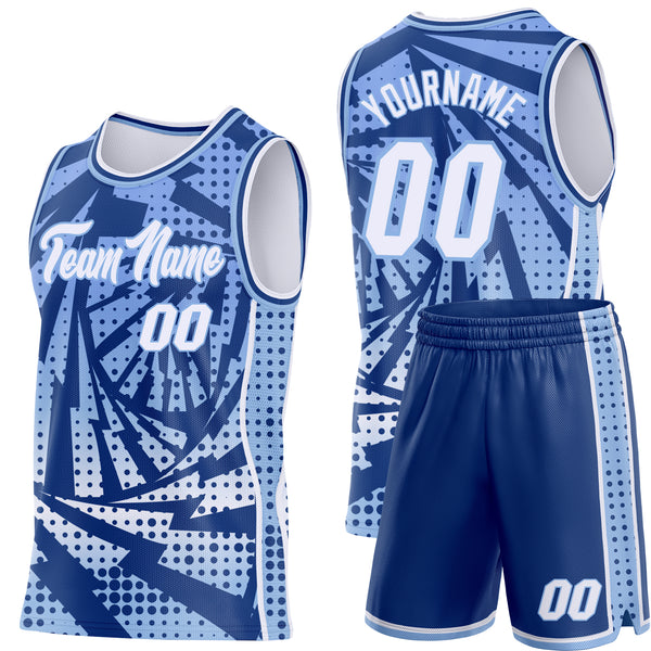 Custom Light Blue White-Royal Lightning Gradient Dot Side Panel Stripe Round Neck Sublimation Basketball Set Jersey