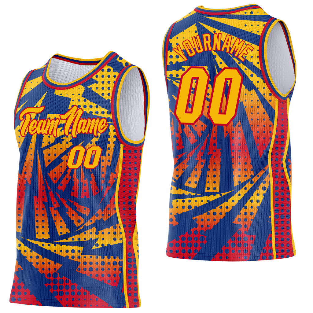 Custom Gold Royal-Red Lightning Gradient Dot Side Panel Stripe Round Neck Sublimation Basketball Set Jersey