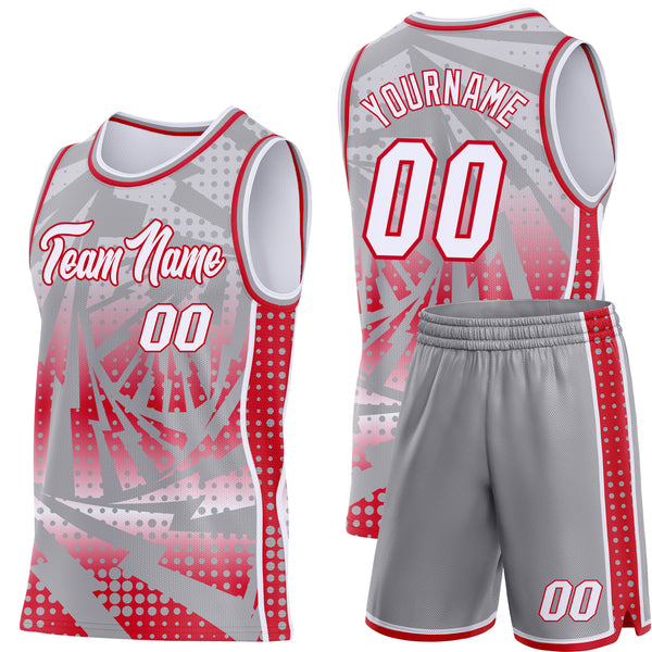 Custom Gray White-Red Lightning Gradient Dot Side Panel Stripe Round Neck Sublimation Basketball Set Jersey