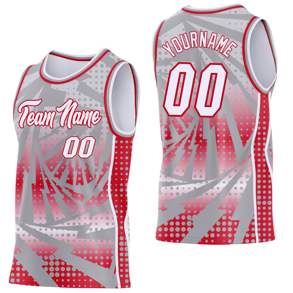 Custom Gray White-Red Lightning Gradient Dot Side Panel Stripe Round Neck Sublimation Basketball Set Jersey