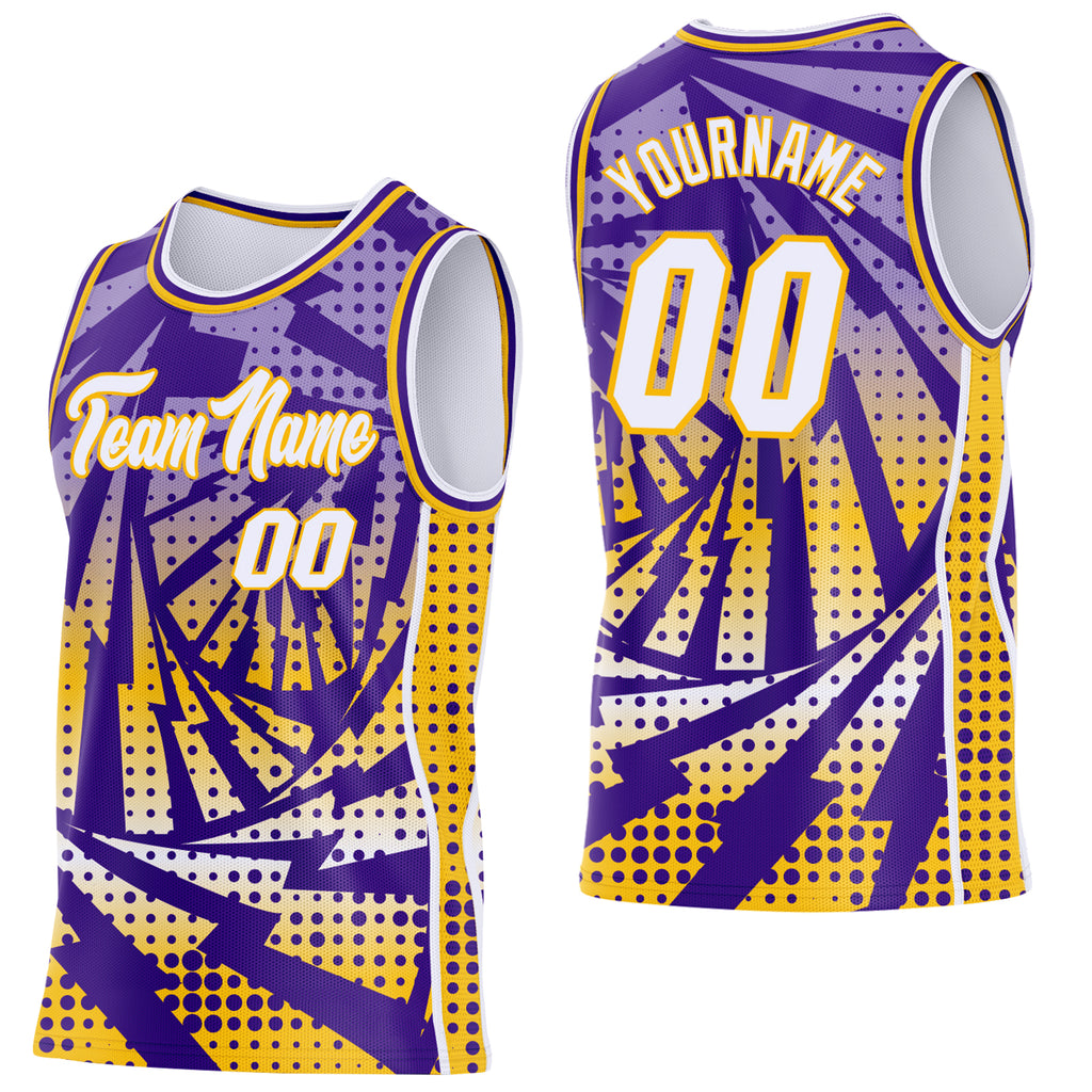 Custom Purple White-Gold Lightning Gradient Dot Side Panel Stripe Round Neck Sublimation Basketball Set Jersey