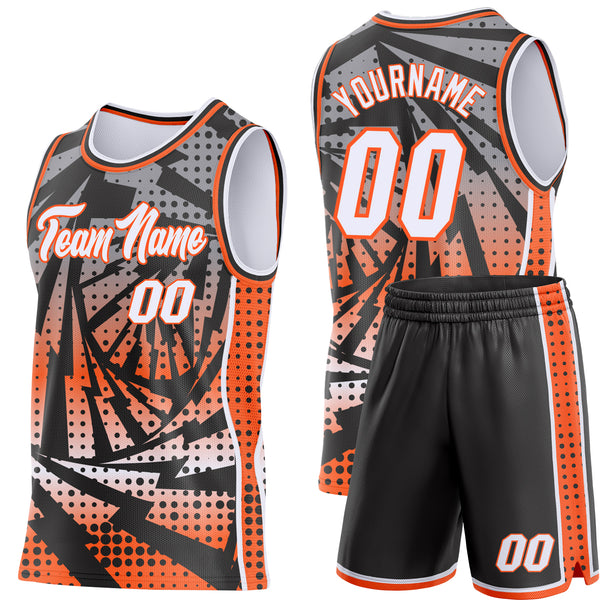 Custom Black White-Orange Lightning Gradient Dot Side Panel Stripe Round Neck Sublimation Basketball Set Jersey