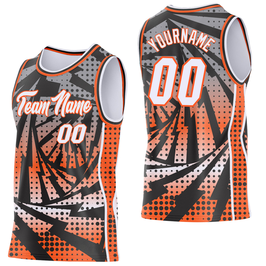Custom Black White-Orange Lightning Gradient Dot Side Panel Stripe Round Neck Sublimation Basketball Set Jersey